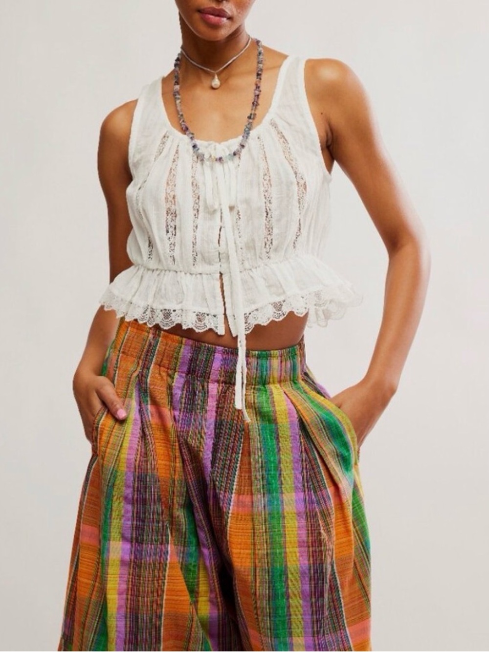 Free People Sz L White Cropped Tank w Peplum Hem & Intricate Lace Detailing NWT